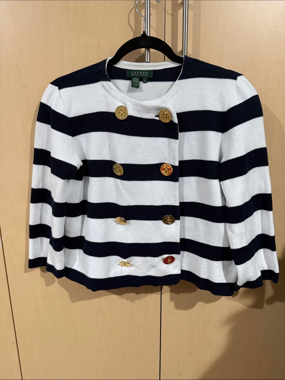 Lauren Ralph Lauren Navy & White Striped Double-Breasted Knit Jacket